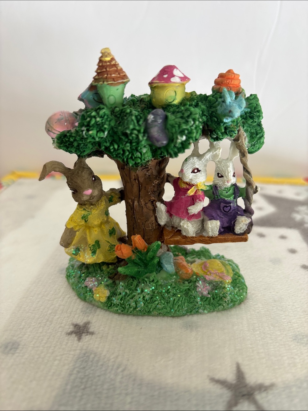 Whimsical Bunny Tree Swing Figurine - Colorful Decorative Kids Toy
